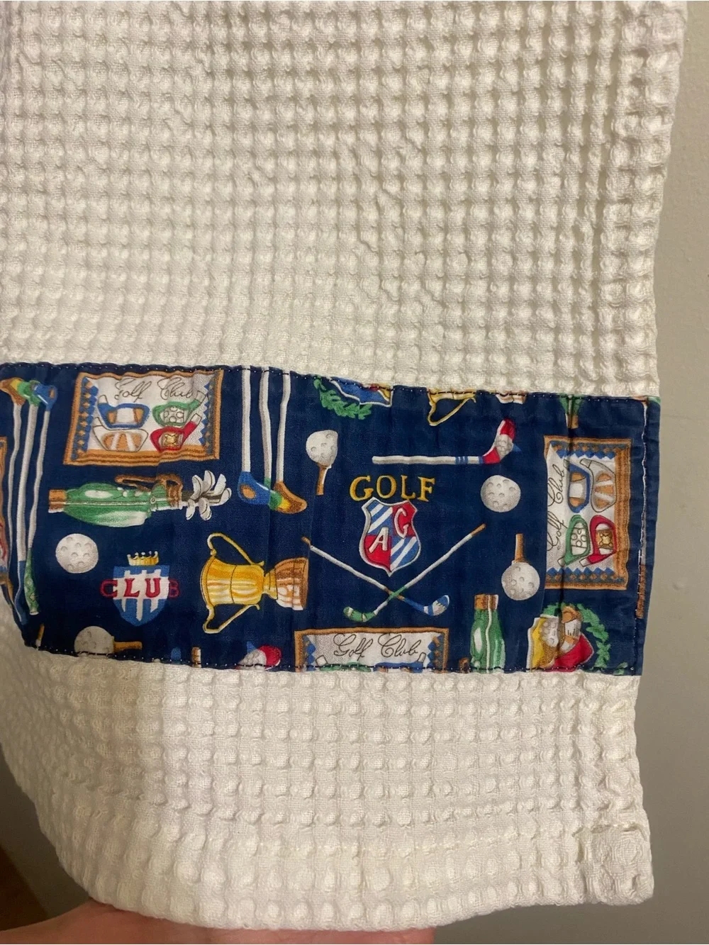 Vintage Golf Theme Tea Kitchen Towel 25”x14” Cream Waffle Navy Blue Panel H&C Co